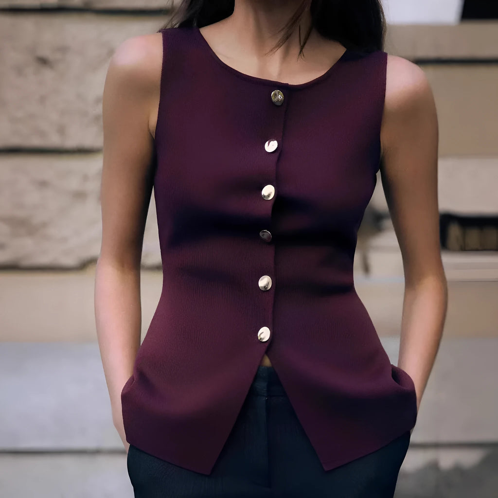 Women's dark red slim-fit viscose sleeveless vest with a raised 3D pattern design.