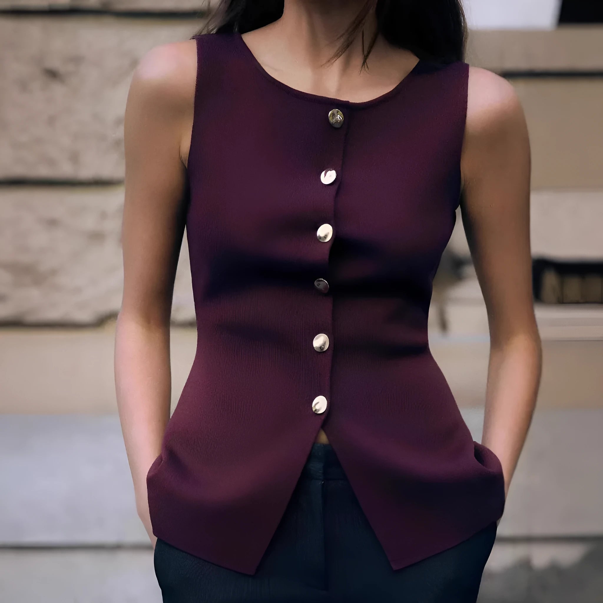 Women's dark red slim-fit viscose sleeveless vest with a raised 3D pattern design.