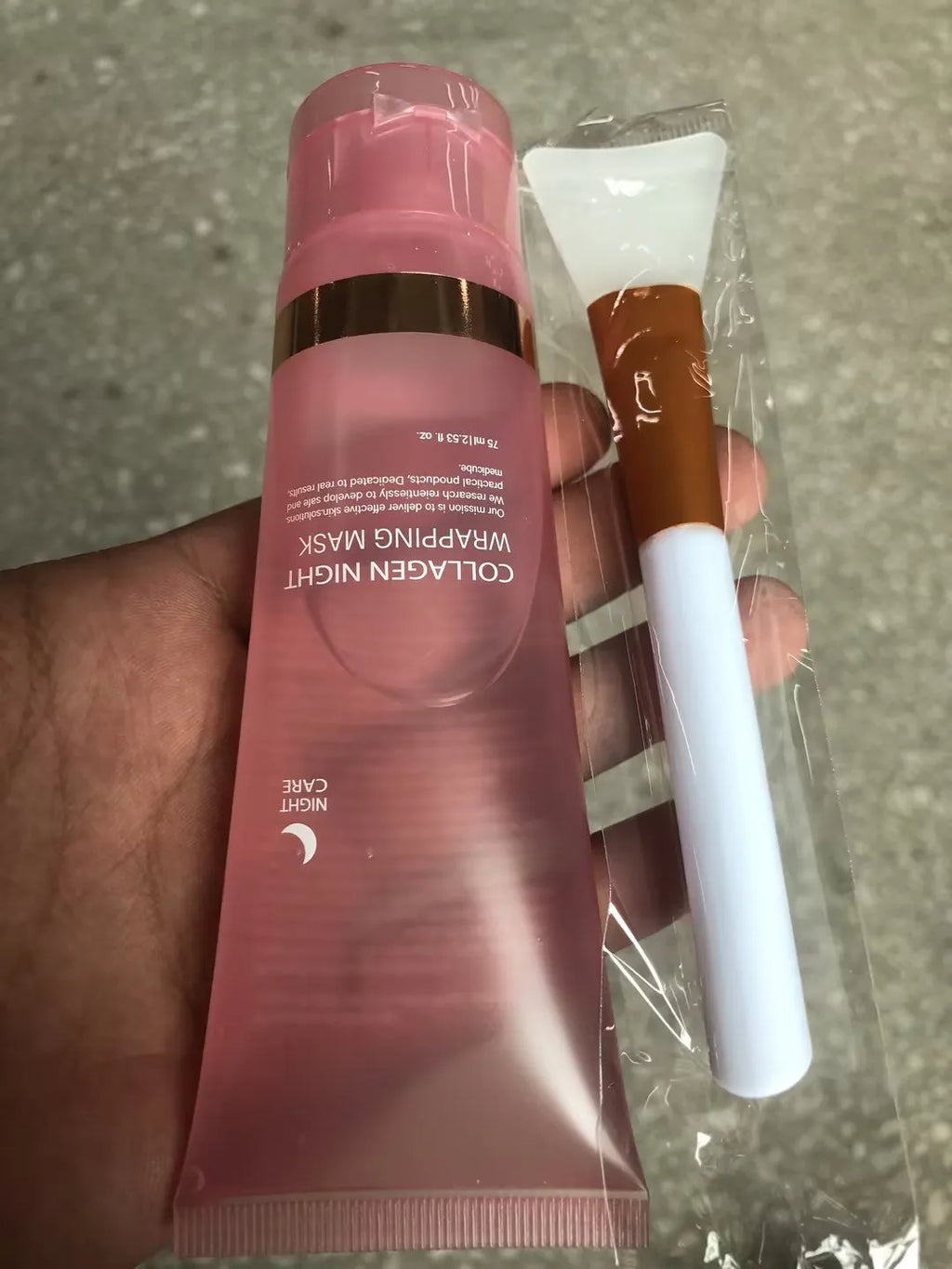 Collagen night face mask bottle with applicator brush for firming and hydration