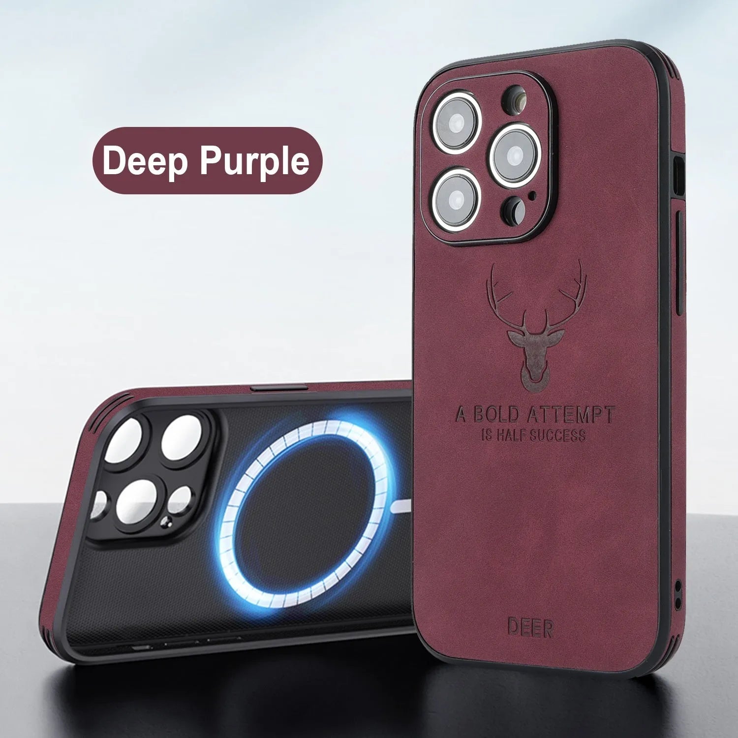 iPhone 16 magnetic charging case with embossed moose head design in imitation leather material, showing front and back views