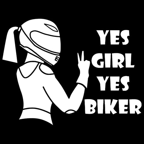 Black and white cartoon girl rider character car window sticker measuring 16cm by 15cm