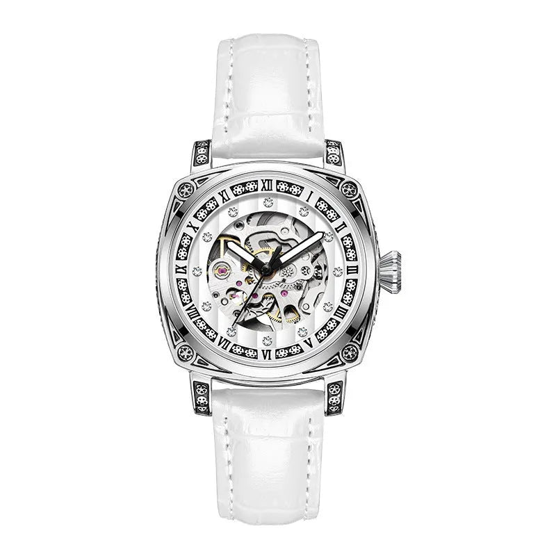 Mechanical watch with luminous hands and leather strap in choice of colours.