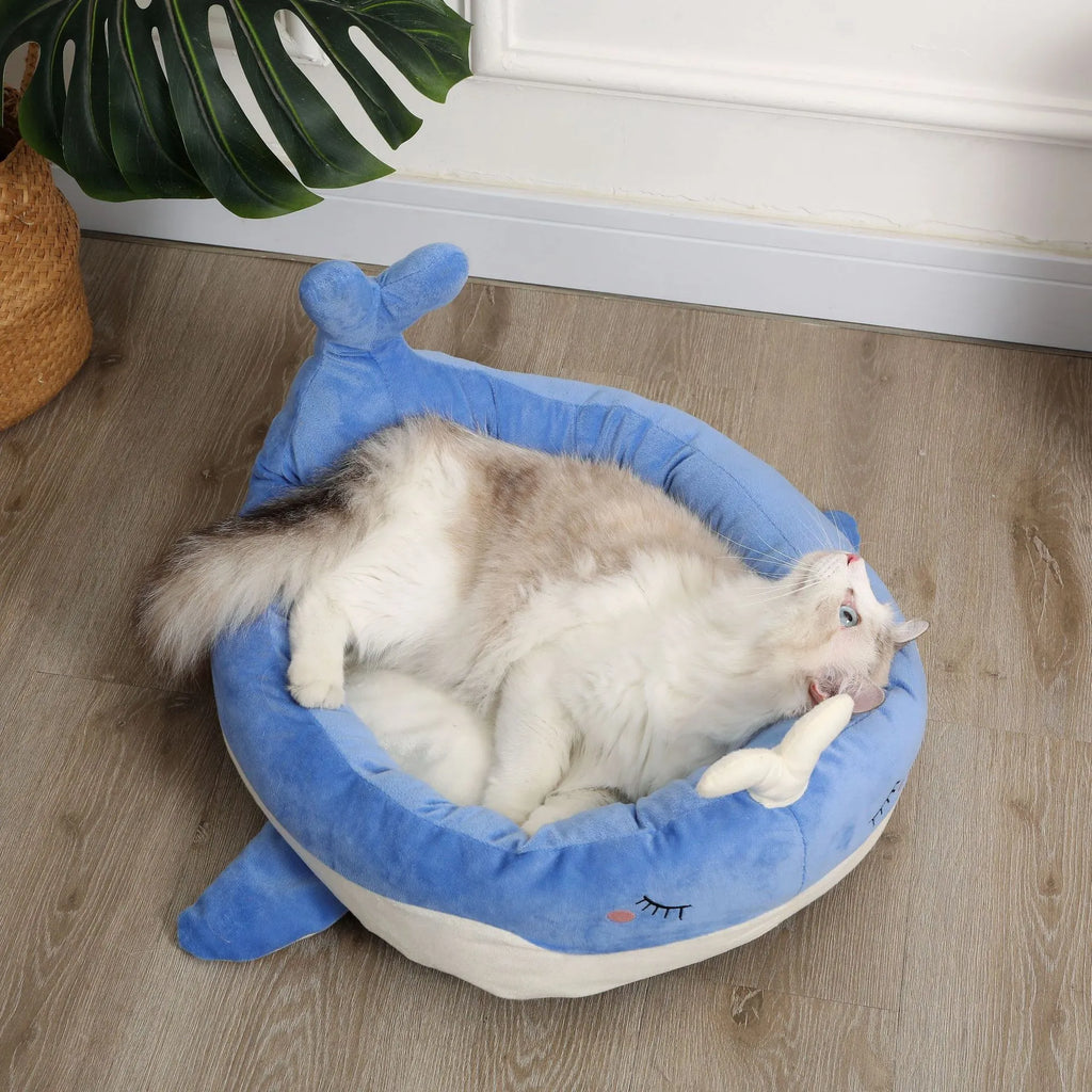 Blue duck-shaped pet bed sofa for small dogs and cats on white background