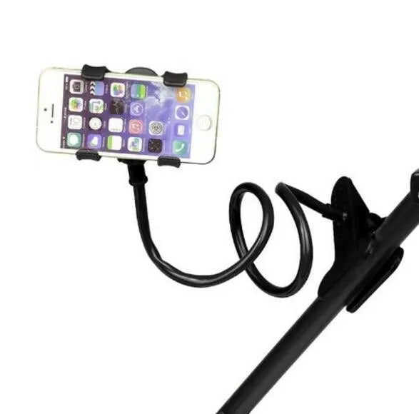 Black portable phone holder with a long 70cm flexible arm and a V-shaped clip mounted on a bed frame.