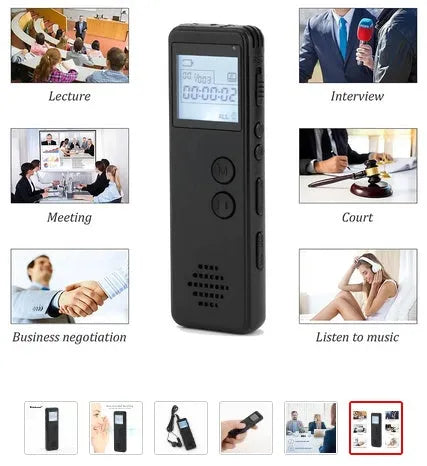 Black digital voice recorder with screen, one-key recording, and USB port for memory expansion.