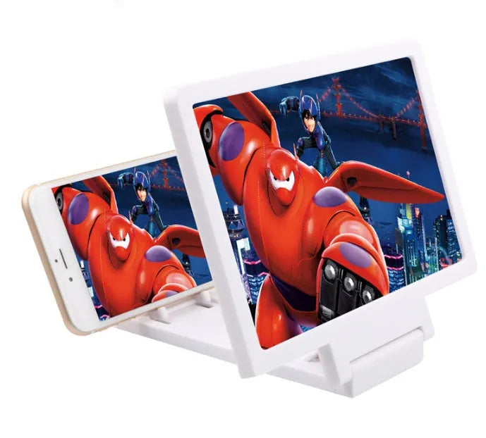 Black foldable mobile phone stand with an attached 3D screen amplifier, holding a smartphone.