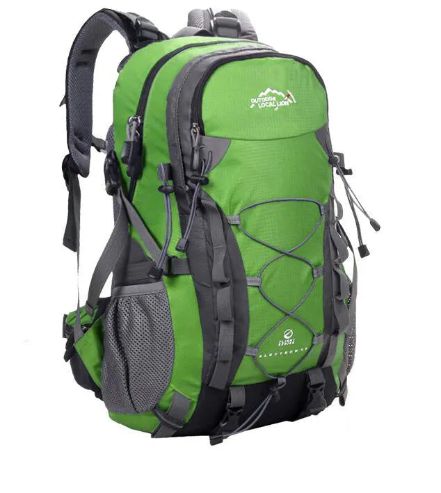Polyester outdoor backpack in green, blue, black, or orange with 20-35L capacity for sports and travel
