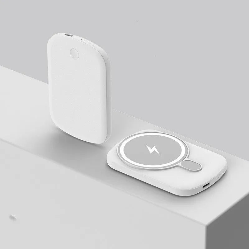 Magsafe magnetic wireless power bank in four colours showing front view with dimensions