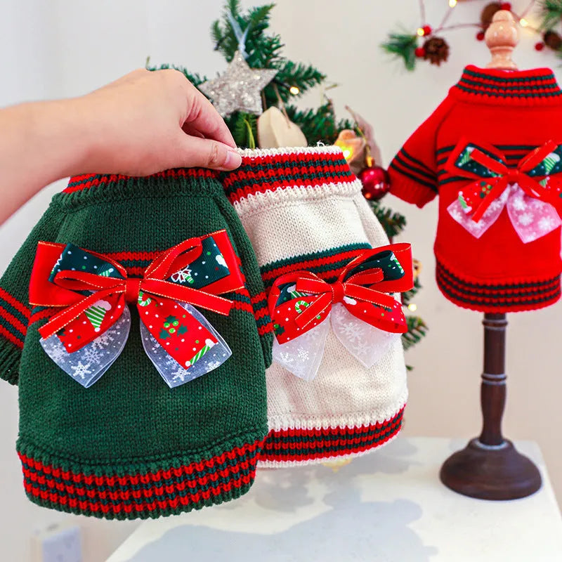 Green polyester dog Christmas jumper showing knitted sweater design for festive seasonal wear