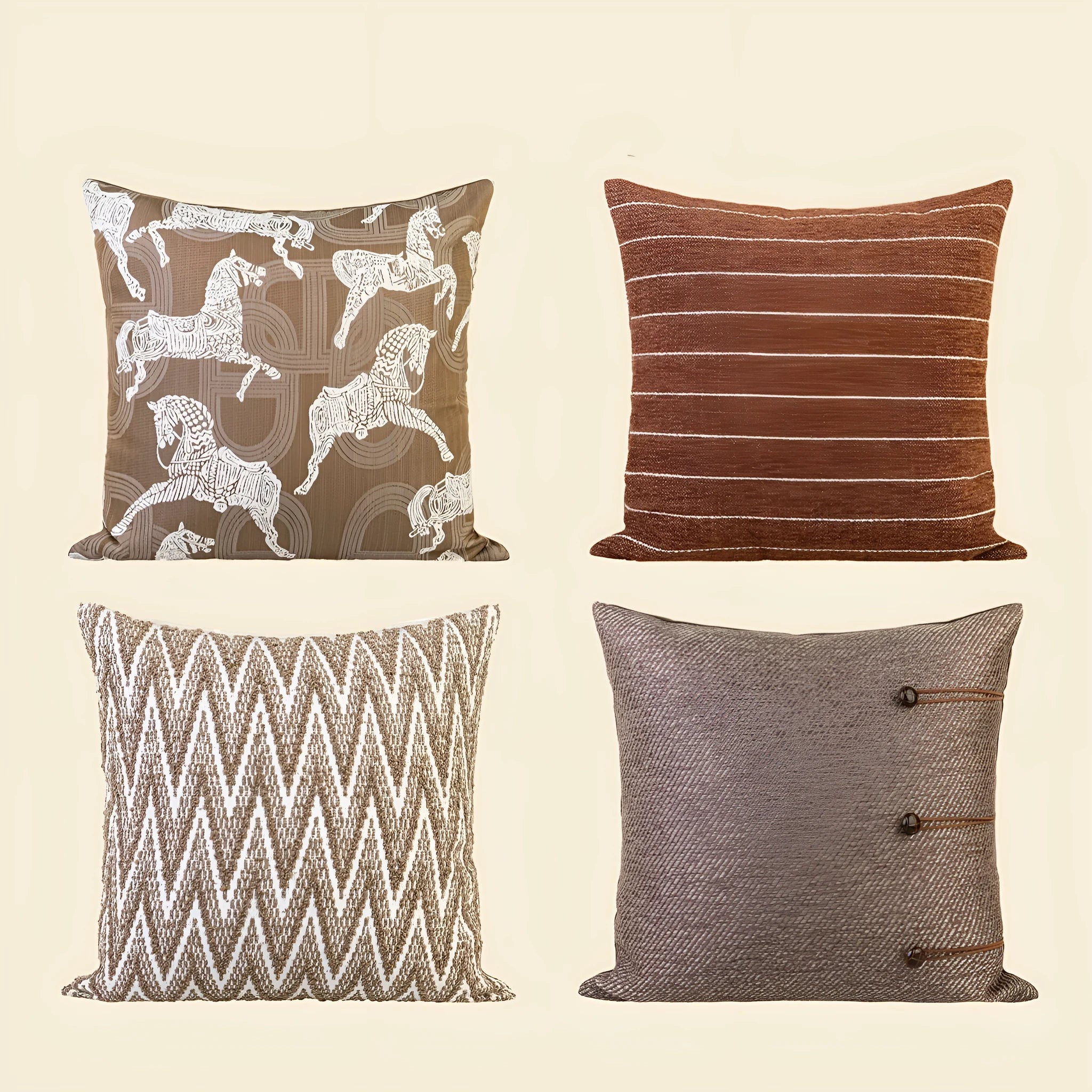 Square Chinese ancient style decorative cushion with a geometric pattern in a brown Maillard colour on a grey sofa.