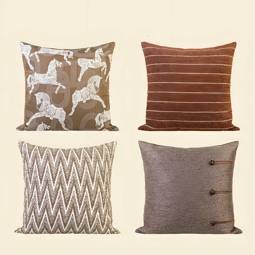 Square Chinese ancient style decorative cushion with a geometric pattern in a brown Maillard colour on a grey sofa.