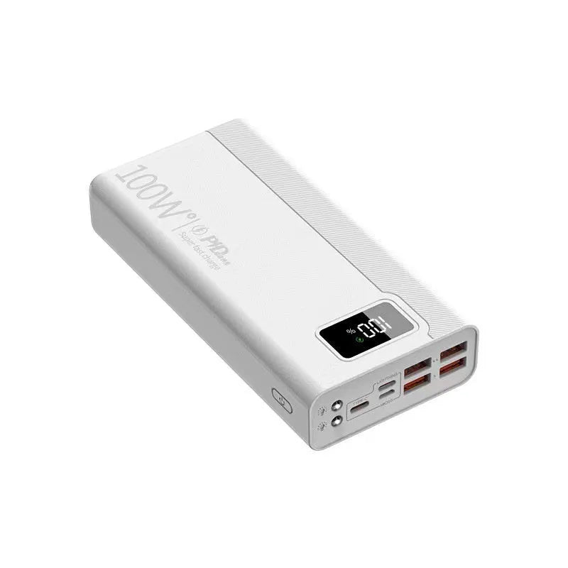 Large capacity black or white plastic power bank with fast charging support.