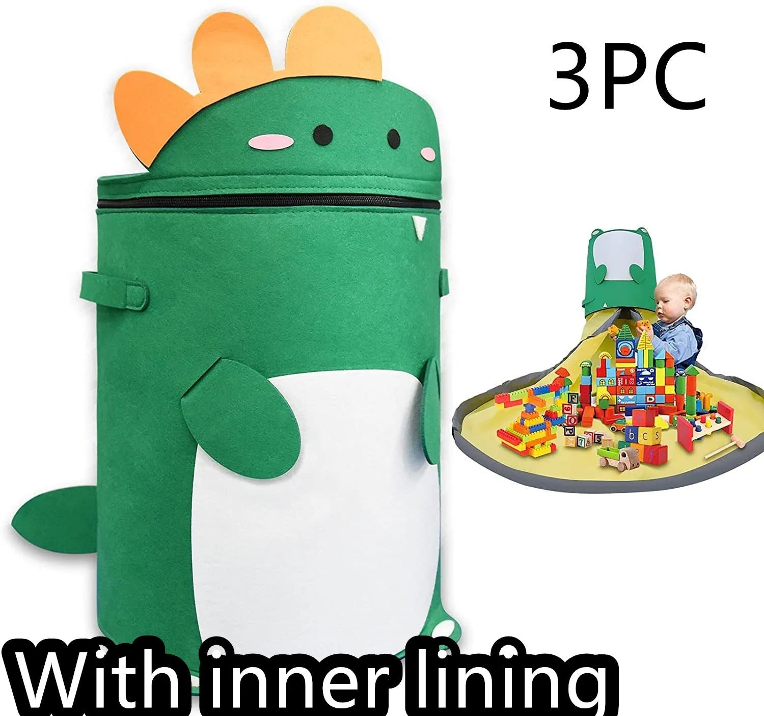 Green felt cube storage bag with pull rope shown as both toy container and play mat