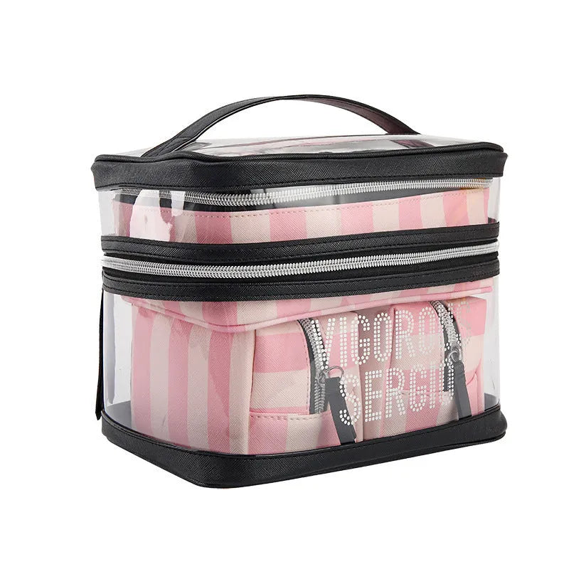 Pink bold stripes flower pattern synthetic leather waterproof folding makeup bag