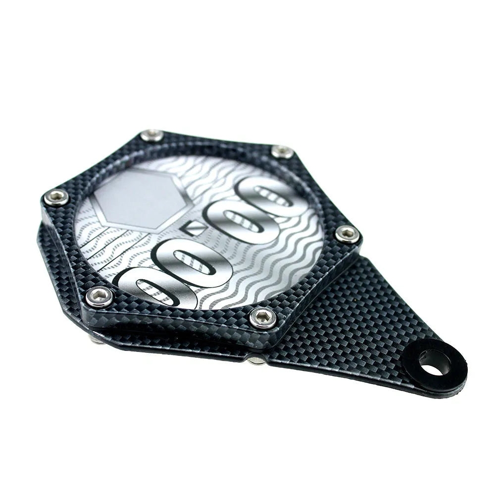 Black carbon fibre pattern motorcycle fuel cap seal with aluminium alloy construction and anti-theft screw