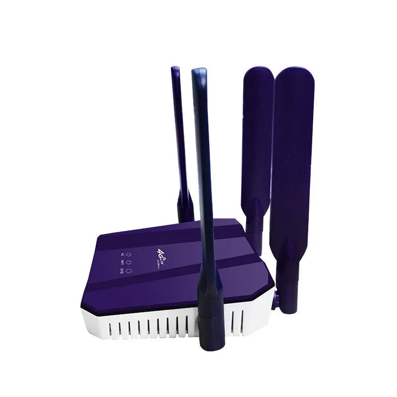 Blue 4G dual-mode wireless and wired router with four external antennas.