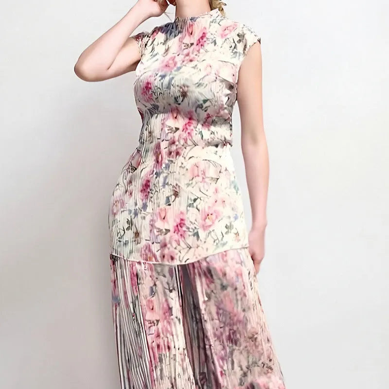 Two-piece printed chiffon dress set with long sleeves and high waist design showing separate skirt and top