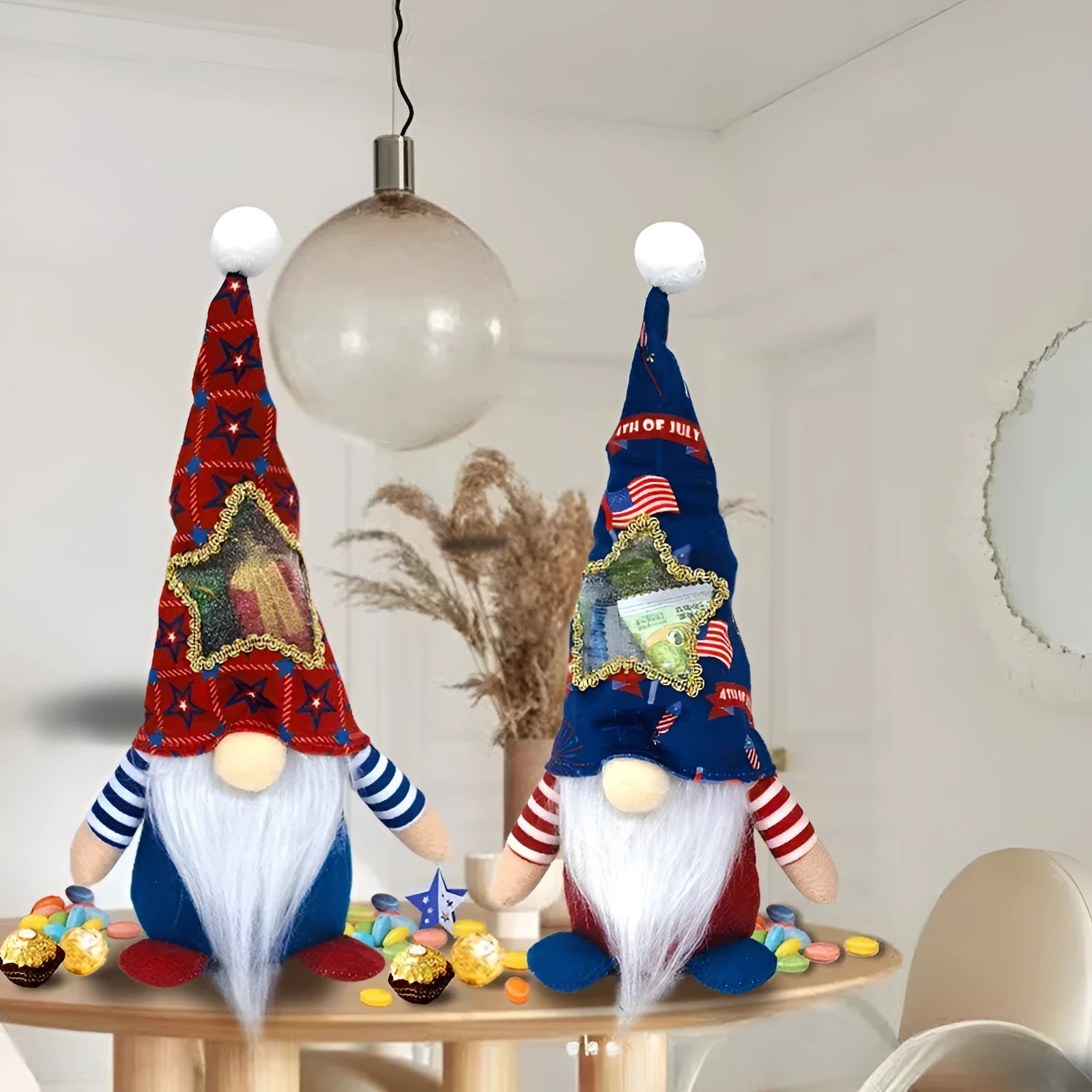 Two faceless cloth Rudolf baby doll Christmas decorations showing suit design and 32cm size.