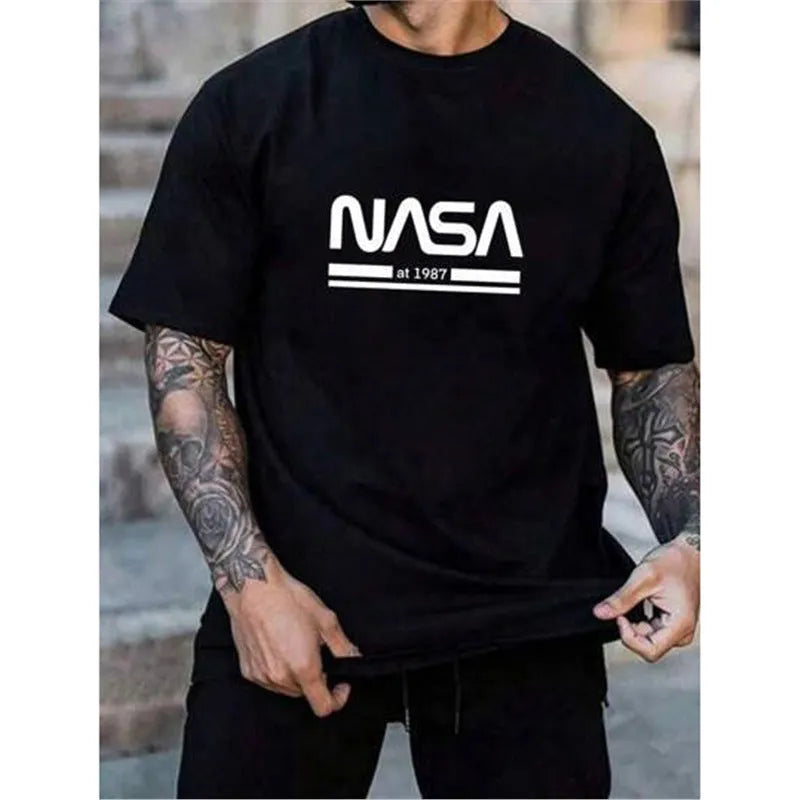 Printed slim-fit men's short sleeve cotton T-shirt on a hanger, shown in multiple colour options.