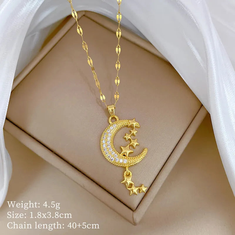 Moon pendant necklace with diamond accents on copper with geometric stainless steel chain