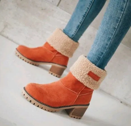 Women's suede mid-tube snow boots with a thick low heel in various colours