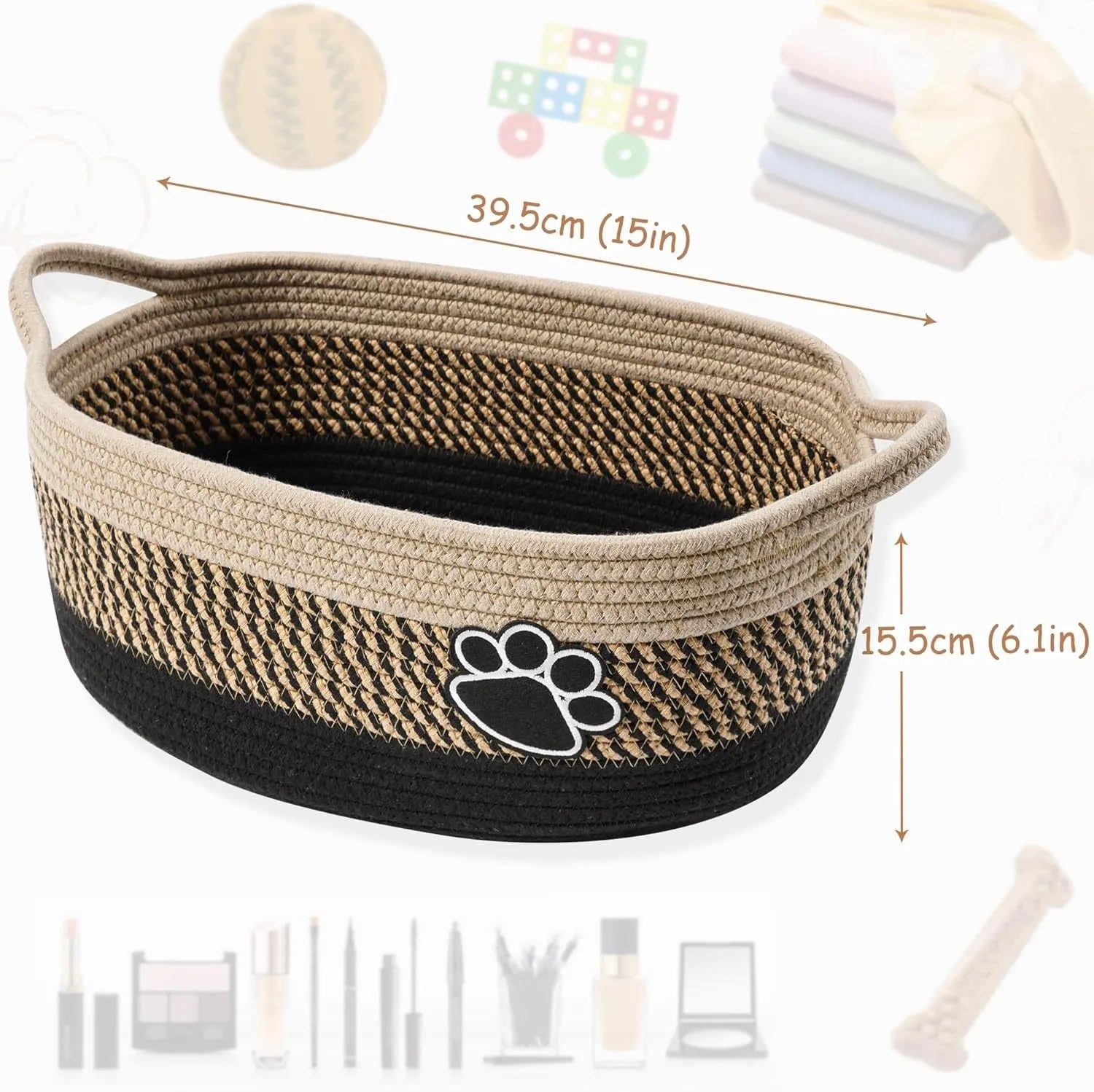 Light beige handmade woven cotton rope storage basket with a handle on a wooden surface.