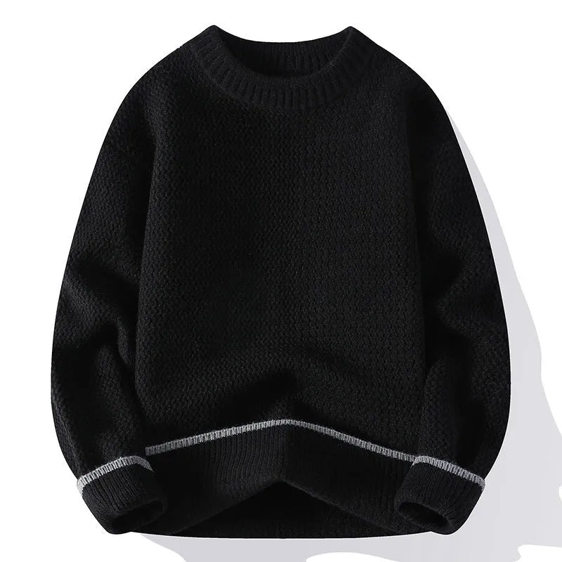Men's loose fit round neck sweater in a chemical fibre blend, shown in grey, white, black, and khaki colours.