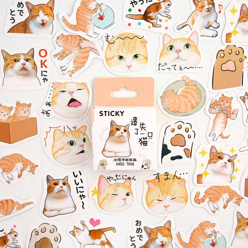 Open box showing 46 small cartoon pattern stickers for journal decoration, themes include Girlhood and Bubble Comic.
