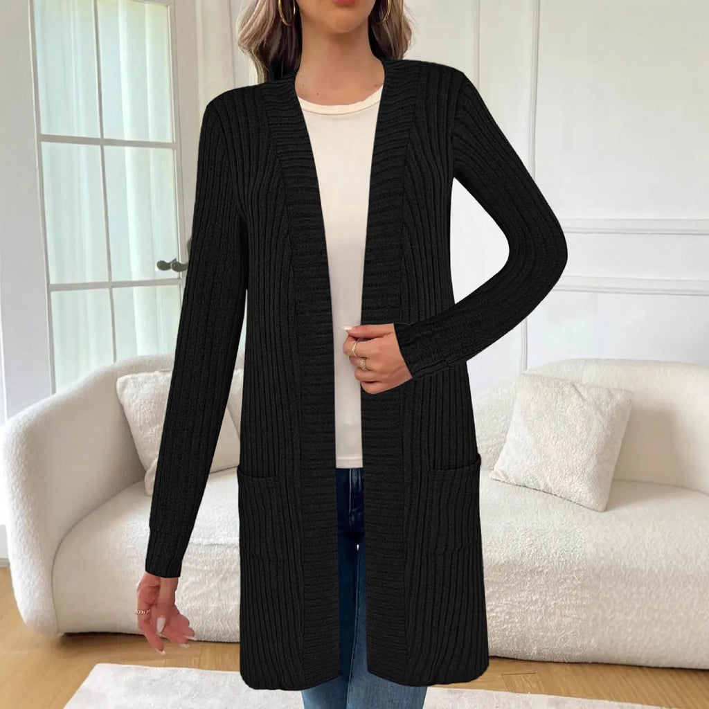 Long sleeve loose fit knitted cardigan jacket with pockets in black, wine red, or grey.