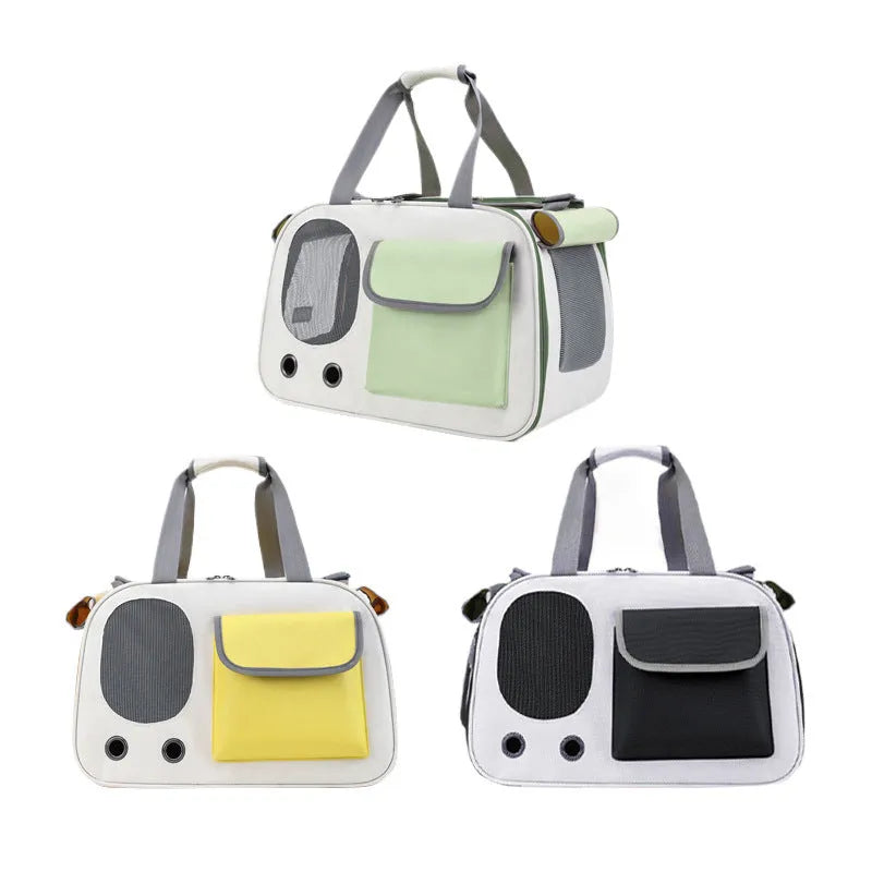 Canvas pet bag in yellow colour showing foldable single shoulder design for cat or small dog transport