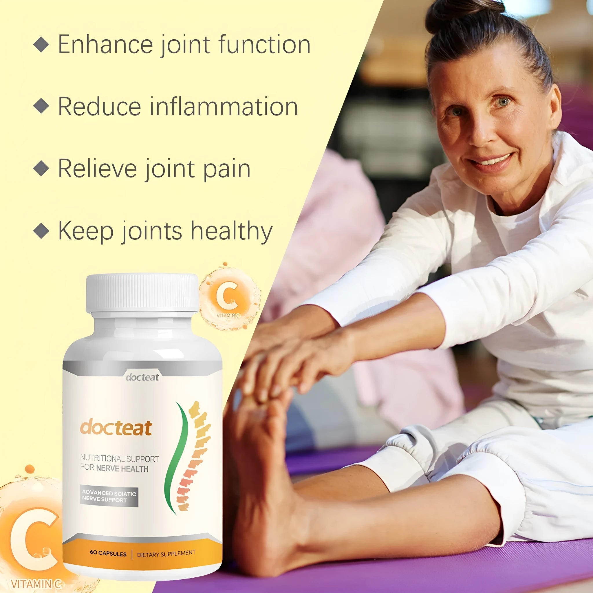DOCTEAT body care adhesive wrap bottle containing 60 capsules for joint and muscle support.