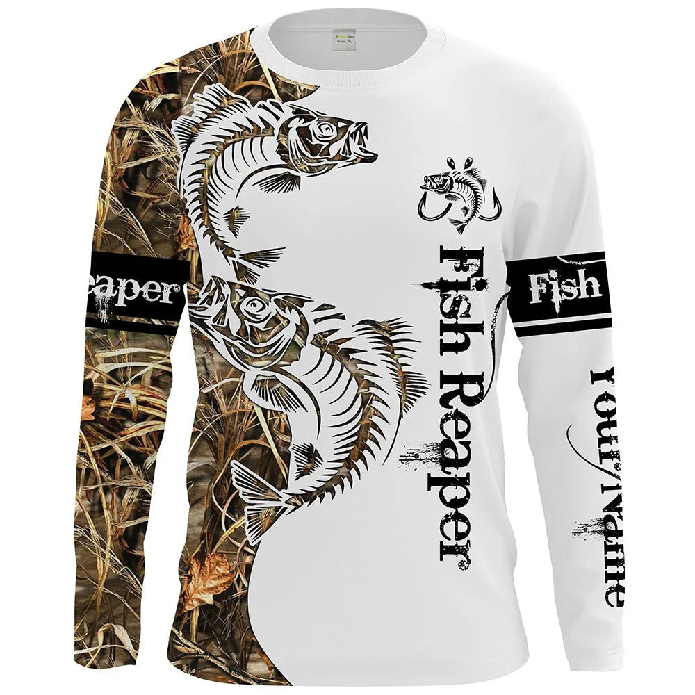 Men's grey round neck long-sleeve top with a large printed blue and orange fish graphic on the front.
