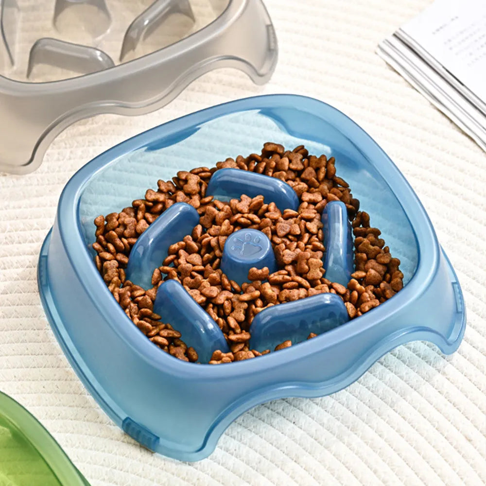 Plastic slow feeder dog bowl in blue, grey, green, and orange colour options