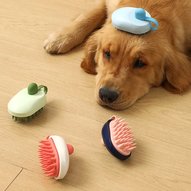 Silicone pet bath brush with massage bristles for dog and cat grooming in shower