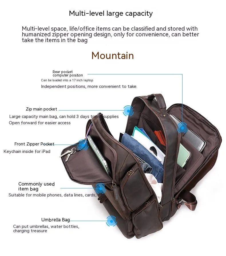 Dark brown leather backpack with 17-inch computer compartment and organisational pockets