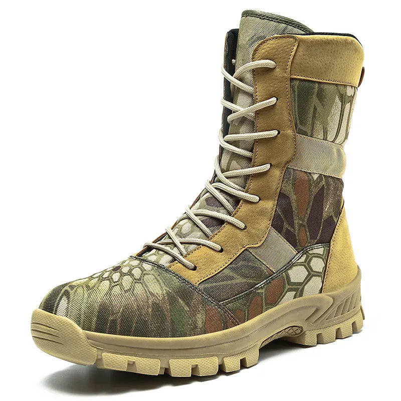 Men's black high-top combat boots with mesh upper and totem pattern detailing