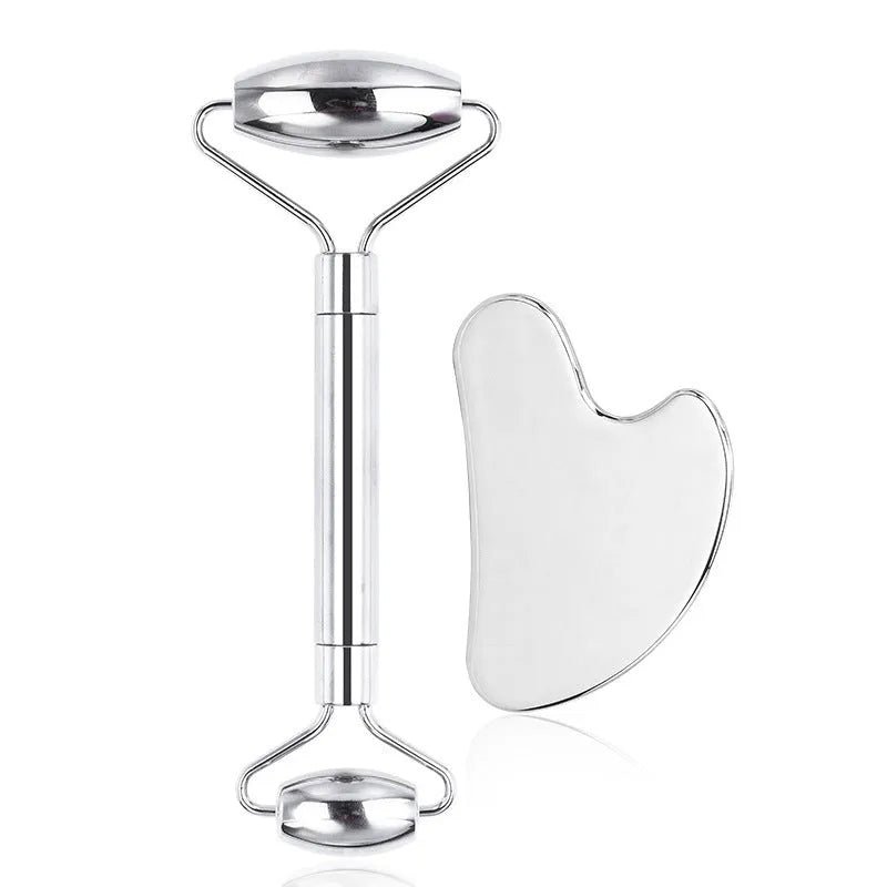 Stainless steel facial massage board set with heart-shaped eye tool and double-head roller