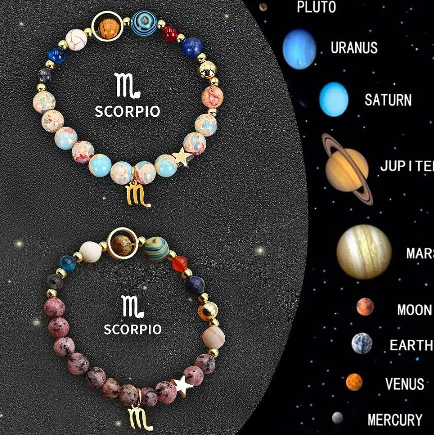 Two natural stone beaded bracelets showing zodiac sign designs for all twelve astrological symbols