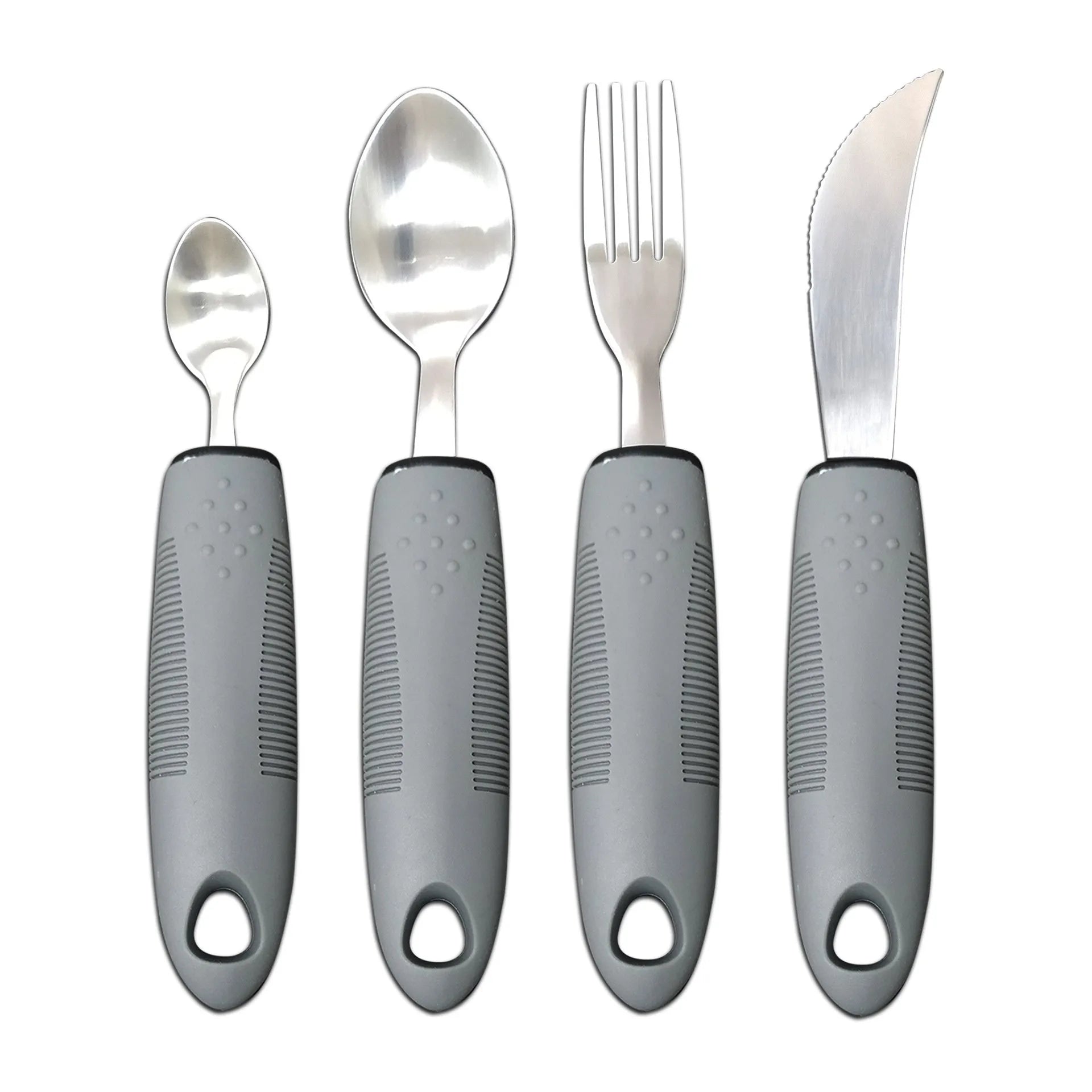 Stainless steel adaptive spoon with black rubber anti-shake handle for elderly food aid.