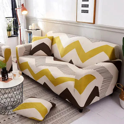 Printed stretch sofa cover with geometric pattern on three-seater sofa