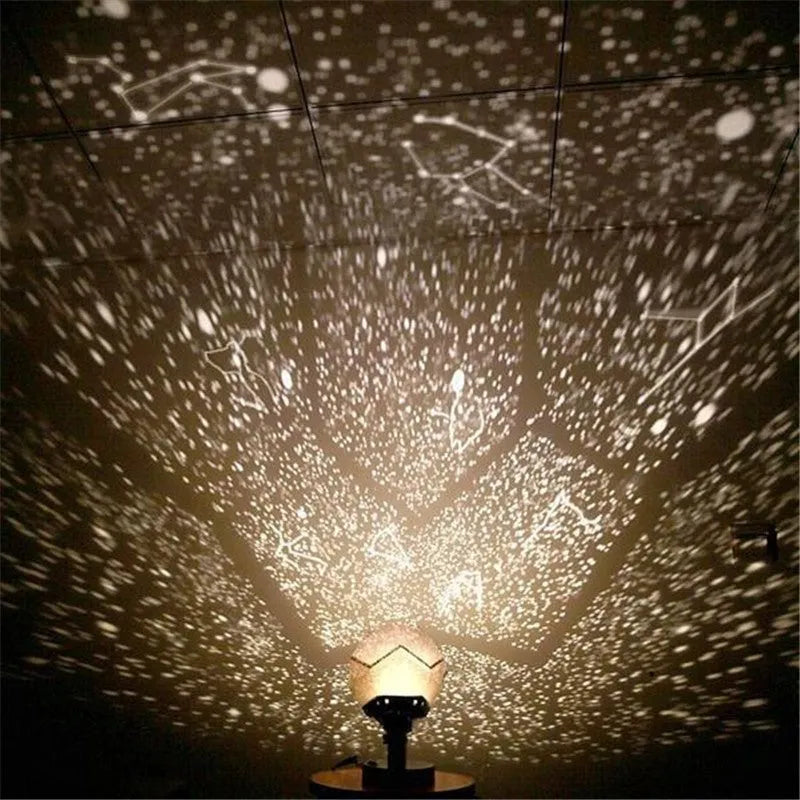 LED star projector night light showing constellation projection on a bedroom ceiling
