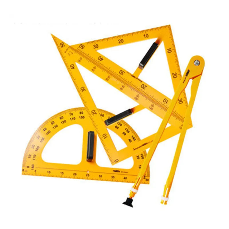 Orange and black mathematics teaching tools set with triangle rulers, protractor, and chalk compass