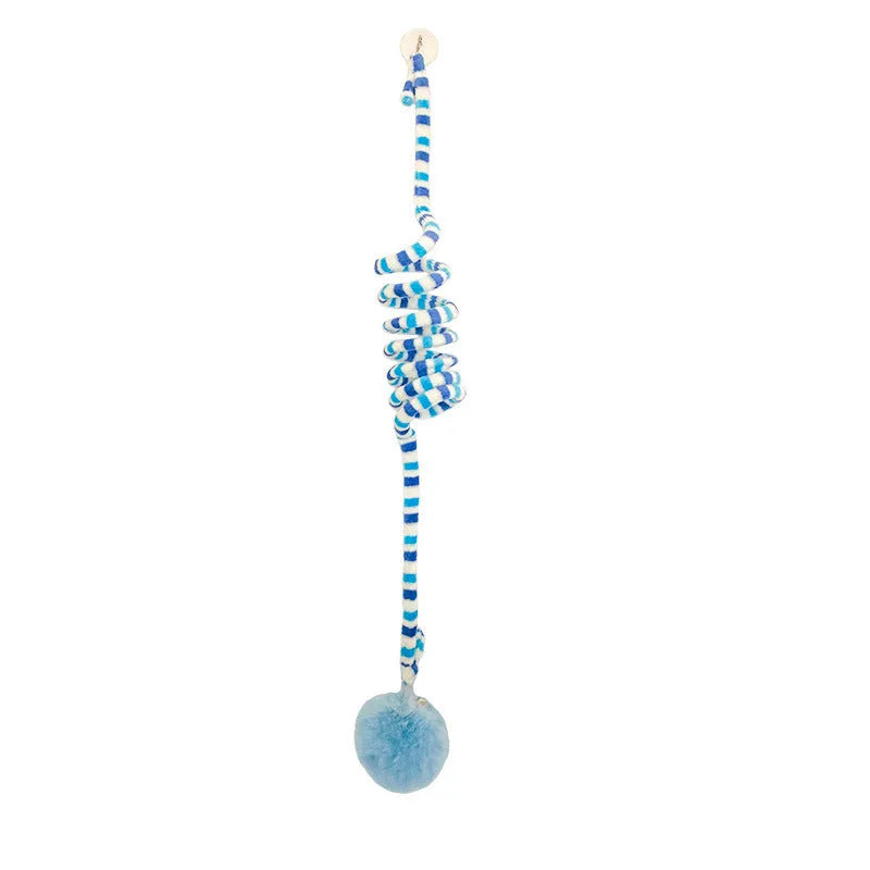 Colourful cat toy with spring bell stick and inflatable ball attached to a door by a suction cup