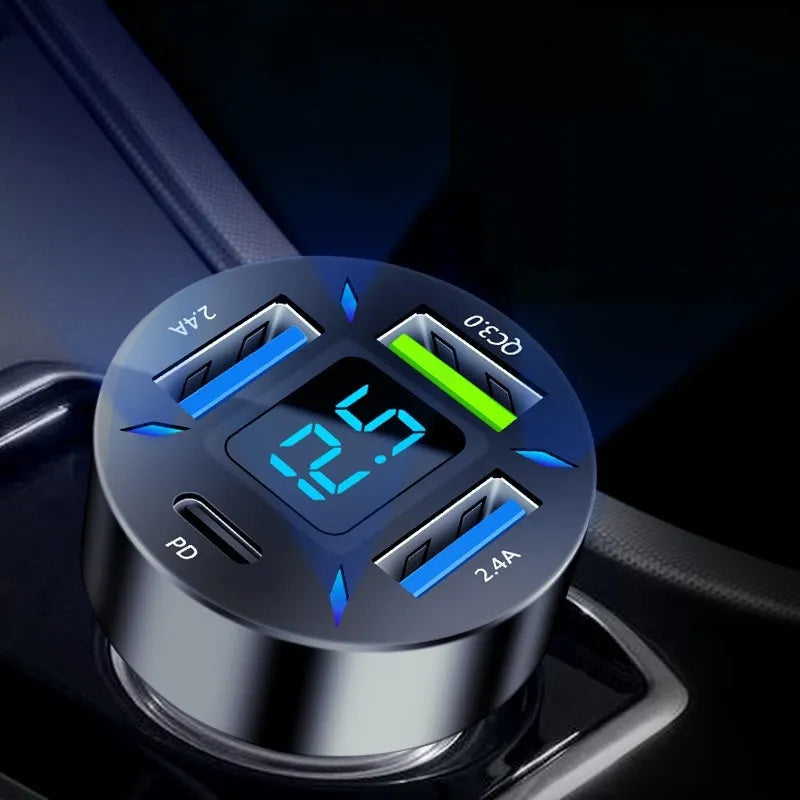 Four-port USB car charger with digital voltage display showing output reading