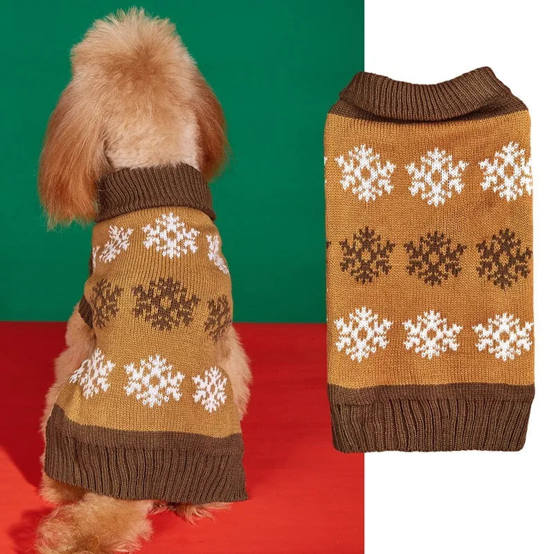 Dog wearing snowflake pattern Christmas sweater in grey and dark brown colours