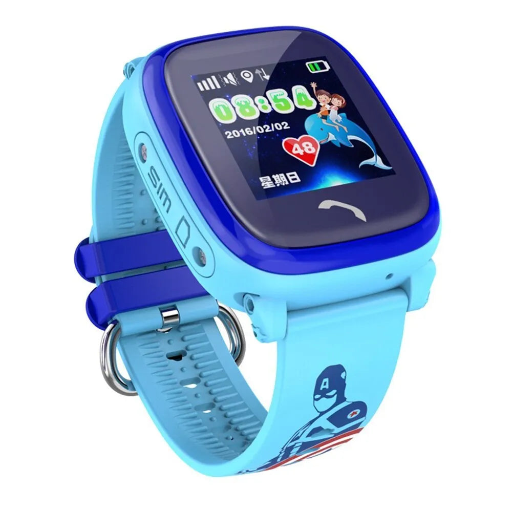 DF25 children's waterproof smart watch with blue silicone strap and touch screen display