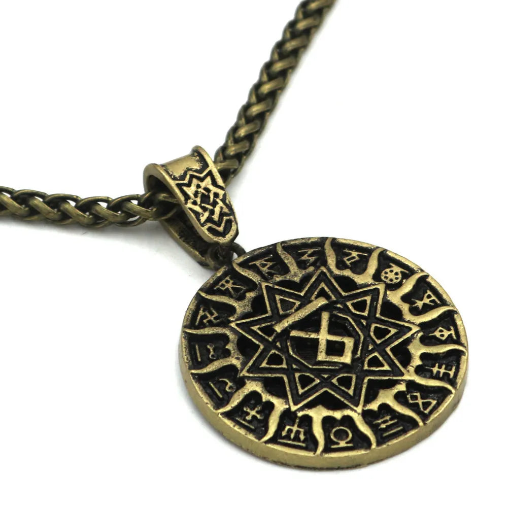 Lunavin ODing text pendant necklace with antique silver chain and leather rope options on display