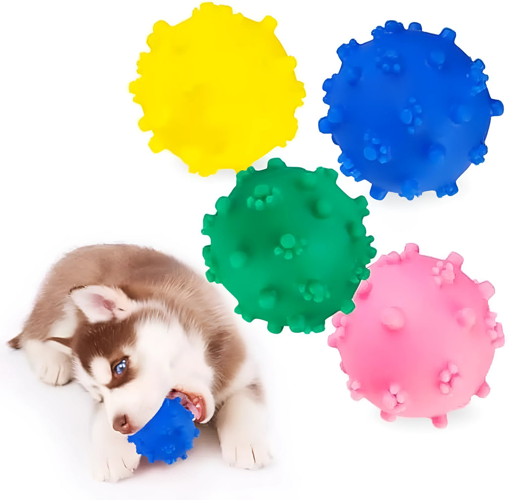 Bright blue, green, pink, and yellow spiky dog balls for small puppy teething and play.