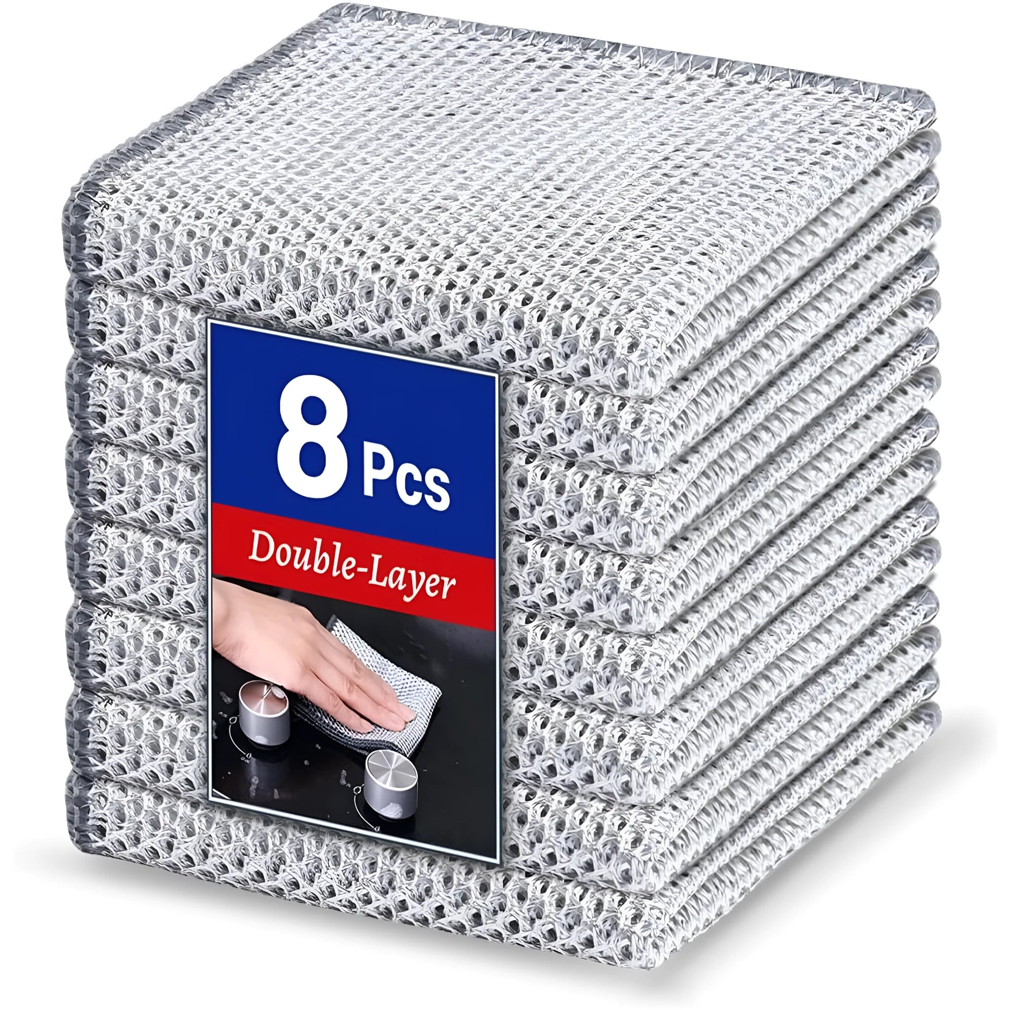 Silver wire and coloured microfiber cleaning cloths in 20x20cm and 25x25cm sizes laid flat.