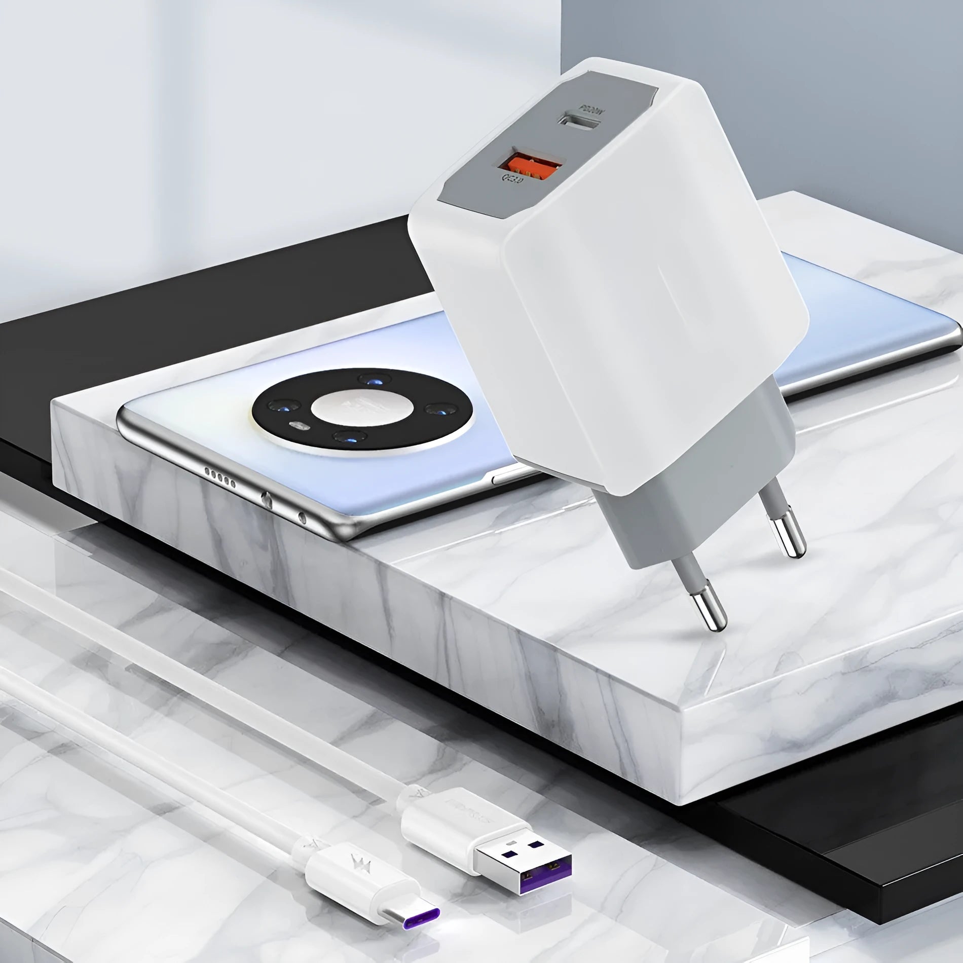 White phone fast charge charger set with USB cable and charging head on white background